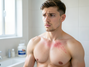 Red irritated creatine skin rash on the chest